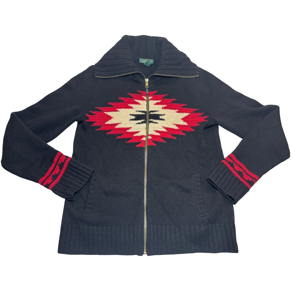 Lauren Ralph Lauren Vintage Women Cardigan Black Good Navajo Zip Sweater Sz Lg